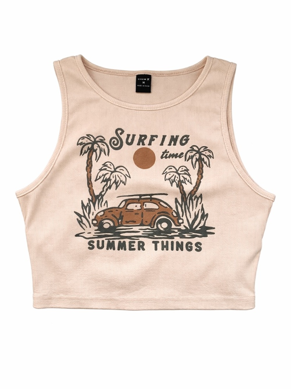 “Surfing Time Summer Things” Palm tree beige crop top from SHEIN, Medium 🌴